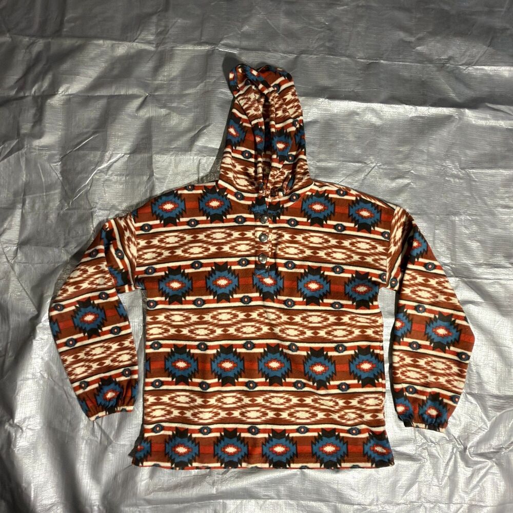 Wrangler Retro Womens Small Aztec Southwestern Fleece Hoodie Concho Button Rust